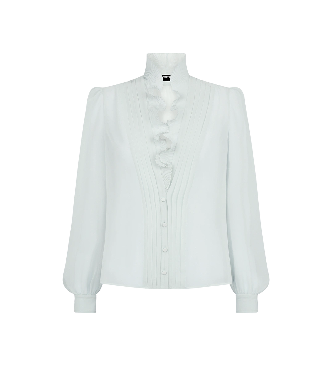 BLUSA A MANICHE LUNGHE CON SCOLLO A V, PLISSÉ E VOLANT BLUSA A MANICHE LUNGHE CON SCOLLO A V, PLISSÉ E VOLANT